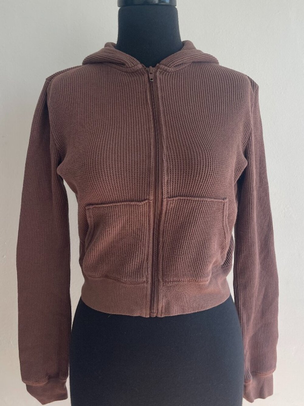 SKIMS Brown Waffle Knit Cropped Zip-Up